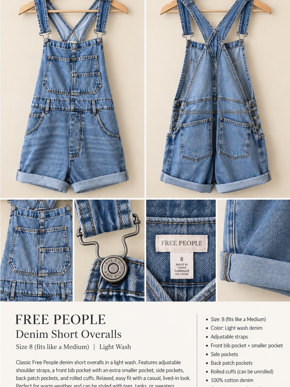 Free People Light Wash Denim Short Overalls